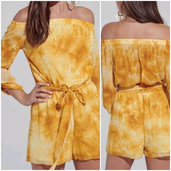 🆕️ Yellow Tie Dye Off the Shoulder Romper - Picture 1 of 4